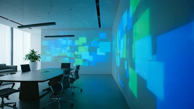 Modern conference room with animated blue and green digital squares changing on a projector screen, business meeting concept footage
