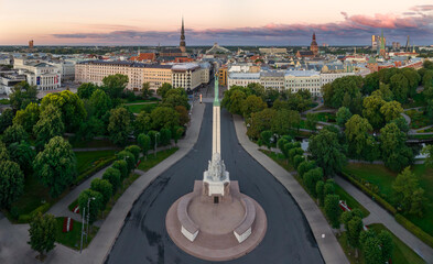 Birds eye view of the old city of Riga and statue of liberty - Milda.