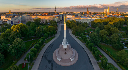 Birds eye view of the old city of Riga and statue of liberty - Milda.
