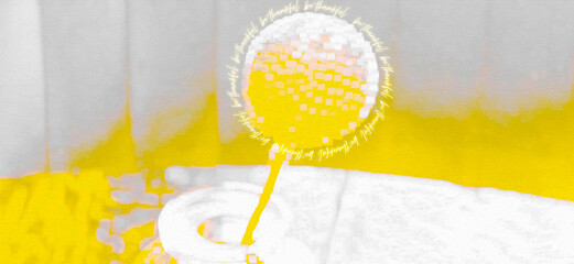 BE THANKFUL (Thanksgiving) message w/Cheerful Uplifting Fun Modern Pastel Sunshine Yellow & Gray Round Flower in Vase w/a Charcoal Pastel Look or Sketched Look. (filtered photo with texture), Bloom, 