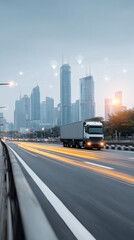 Fototapeta premium Smart city transportation: truck on road against futuristic skyline