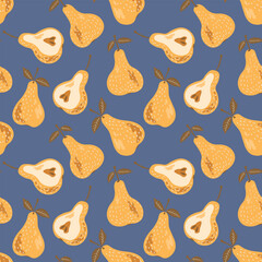 Seamless pattern with pear on color background. Natural delicious fresh ripe tasty fruit. Sweet pears with leaves. Food concept. Vector illustration for print, fabric, textile.