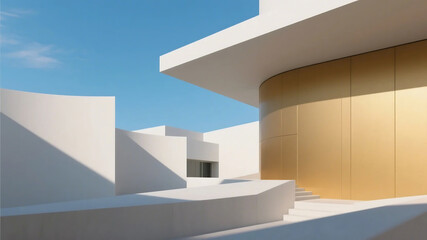 Obraz premium Showcases modern architectural design with white and golden elements, emphasizing clean lines and contemporary structure.