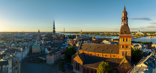 Fototapeta premium Birds eye view of the old city of Riga, Latvia. Captured in summer during sunrise.