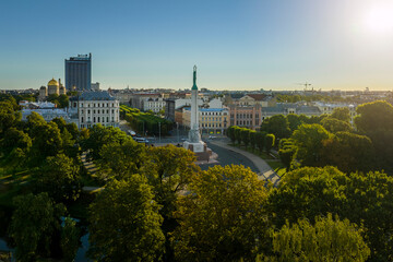 Birds eye view of the old city of Riga and statue of liberty - Milda.