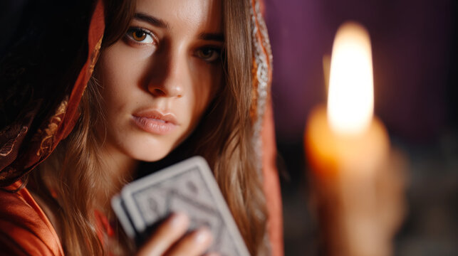 Enigmatic tarot reading with dramatic flair and flowing garments