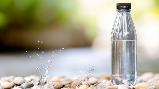 World oceans day eco-friendly reusable water bottle filling on pebble beach