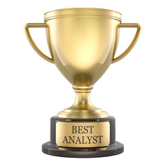 Best Analyst trophy, gold cup with award plaque. 3D rendering