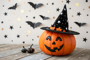 adorable smiling pumpkin wearing a witch hat with vibe , Halloween season t-shirt print design, illustration art  