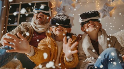 Family Experiencing Virtual Snowfall with AR Glasses