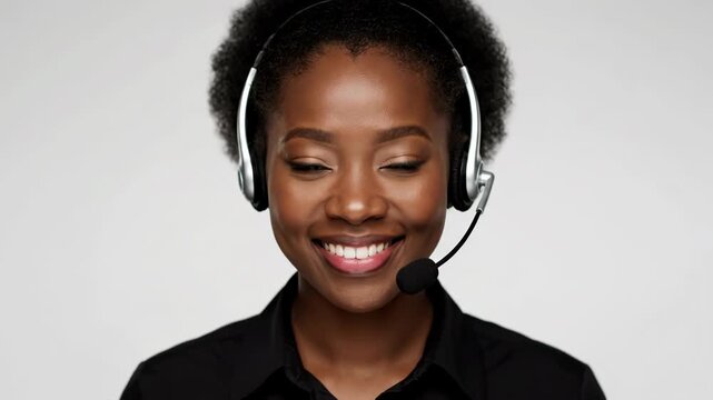 Smiling black woman wearing a headset and black shirt, isolated on white background