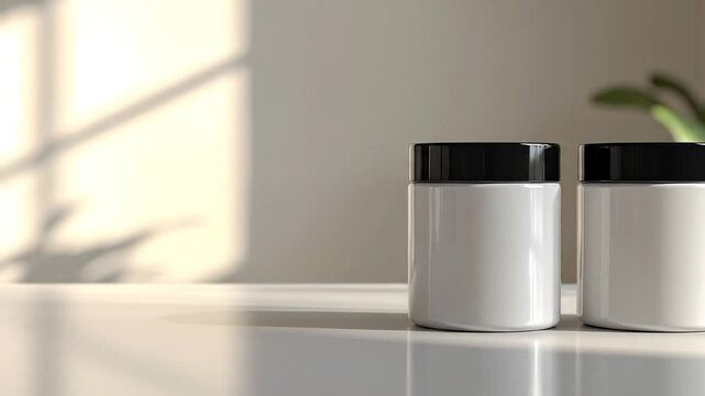 Three White Jars with Black Lids on a White Surface.