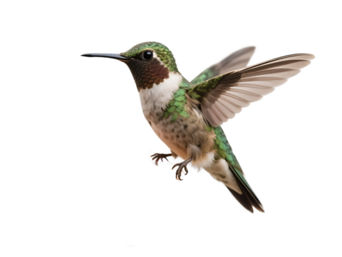 A small hummingbird with green, white, and brown plumage is shown in mid-flight with its wings extended.