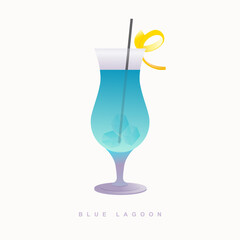 Vibrant Blue Lagoon Cocktail with Ice and Lemon Garnish on a White Background