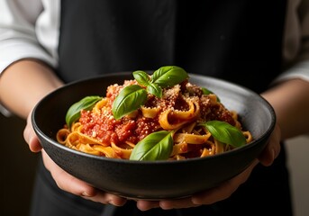 chef holding spaghetti, Fettuccine Pasta with Tomato Sauce and Parmesan — Served in Black Bowl with Basil Garnish in Culinary Setting