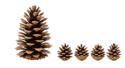 A large pine cone stands tall next to four smaller pine cones in a row.