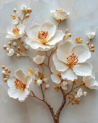 Contemporary 3d floral art piece featuring detailed white petals and subtle golden embellishments