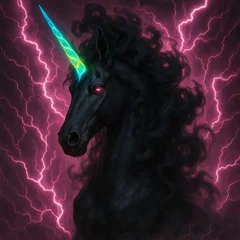 Wandcirkels Eenhoorn Black unicorn with a green horn and red eyes is shown in a purple background with lightning bolts. Scene is dark and ominous, with the unicorn being the only source of light in the scene  © Vladyslav Tykhonov