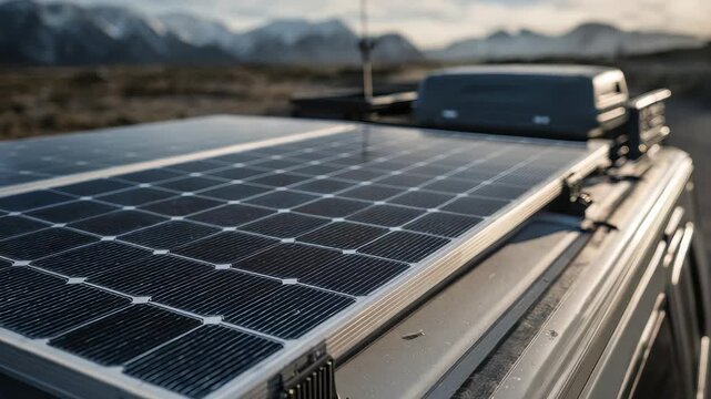 Close up of a solar panel mounted on a camper van roof, capturing sunlight in a remote mountain landscape. Clean energy solutions enable eco friendly outdoor exploration and mobile living