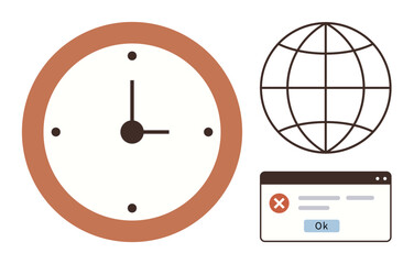 Clock with brown frame, web globe, and error dialog box. Ideal for productivity, communication, time, deadlines, technology global reach problem-solving. Simple flat metaphor