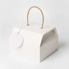 White box with tag and rope handle on white background