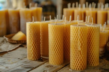 Homemade Beeswax Candles Drying on Wooden Table