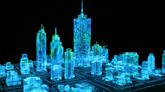 Digital light point connecting to a growing futuristic city. Big data visualization in a modern smart metropolis. Technology footage.