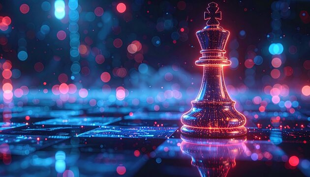 Glowing king chess piece on futuristic digital board under neon lights symbolizing power strategy artificial intelligence and evolution of competitive mind games