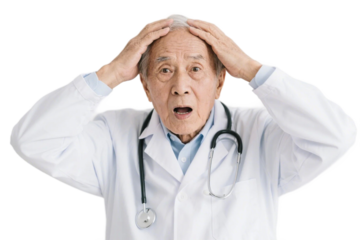 An elderly doctor in a white coat with a stethoscope looks very worried, holding his head.