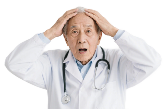 An elderly doctor in a white coat with a stethoscope looks very worried, holding his head.