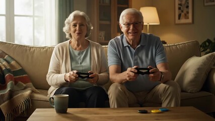 Senior woman and man enjoying video games at home. Elderly caucasian couple playing online, social media engagement concept. Footage - Powered by Adobe