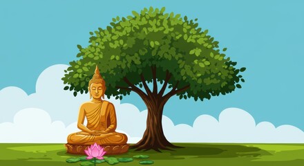 Serene Buddha Statue Under Bodhi Tree Peaceful Meditation Scene
