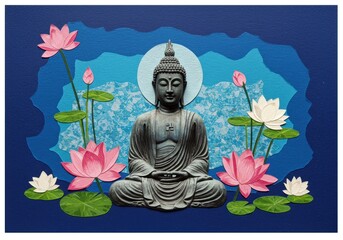 Serene Buddha with Lotus Flowers Paper Art Collage