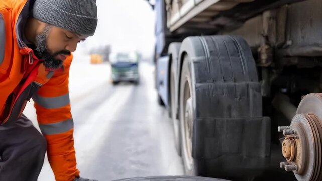 A man in a safety jacket and beanie is shown replacing a large truck tire on the side of a road during cold weather. He carefully removes the wheel and places it down.