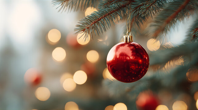 A single red ornament hanging on a Christmas tree branch. Festive holiday decoration for Christmas, New Year, festive background, banner, party.