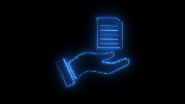 Neon light effect animation of a hand icon holding a document,Neon document file icon glowing animated black background.4k