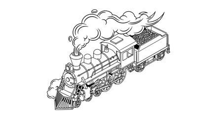 Obraz premium Detailed outline of a classic steam locomotive with smoke billowing out