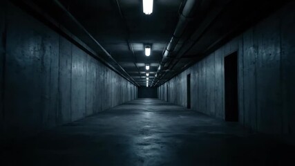 Long dark concrete tunnel with fluorescent lights and pipes. Scary underground corridor or basement bunker with industrial infrastructure. - Powered by Adobe