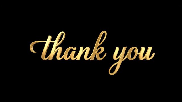 Gold thank you text appearing on black screen. Elegant calligraphy written in script font. Graceful gratitude message video.