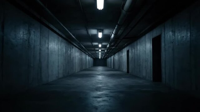 Long dark concrete tunnel with fluorescent lights and pipes. Scary underground corridor or basement bunker with industrial infrastructure.