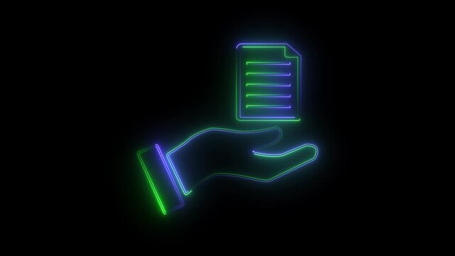 Neon light effect animation of a hand icon holding a document,Neon document file icon glowing animated black background.4k