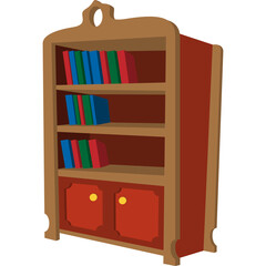 Wooden Bookshelf With Red Doors And Colorful Books On Shelves For Kindergarten Cartoon Style Illustration