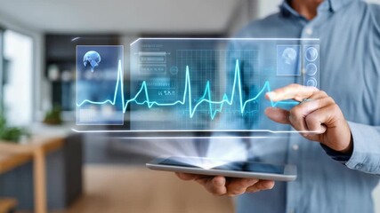 Displays person using tablet with holographic ECG graph, medical icons, symbolizing digital health advancements. Modern workspace, cutting edge technology highlight future medical trends - Powered by Adobe