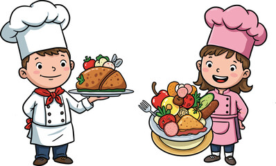 children, chef, cooking, food, kitchen, culinary, restaurant, uniform, cartoon, illustration, vector, design, creative, element, lifestyle, nutrition, teamwork, activity, fun, concept