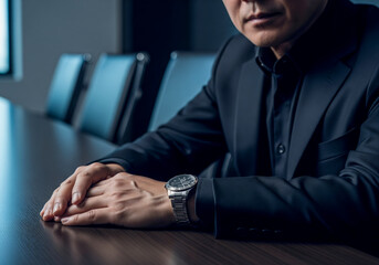 Stylish corporate scene featuring a man’s hands on a wooden table, black suit, and stainless watch. Minimalist office lighting highlights modern professionalism.
