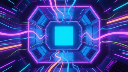 A futuristic scene with a hexagonal tunnel illuminated by neon lights and colorful flowing lines, representing modern technology and digital space.