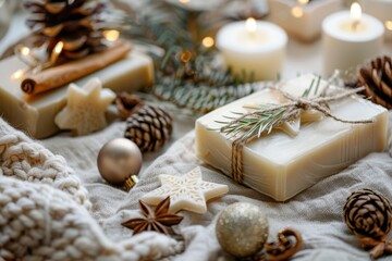 Natural Soap Bars with Christmas Motifs on Linen Cloth