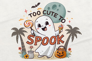 cartoon ghost holding a candy with to cute to spook with pumpkin best for kids t-shirt print design for Halloween for kids 