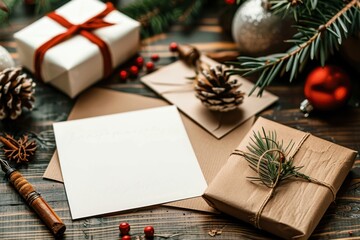 Recycled Paper Christmas Cards and Gift Wrapping on Wooden Desk