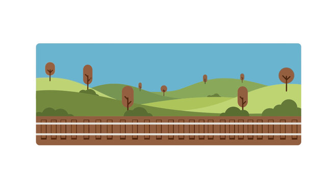 Stylized Train Tracks Landscape Illustration with Rolling Hills Backdrop